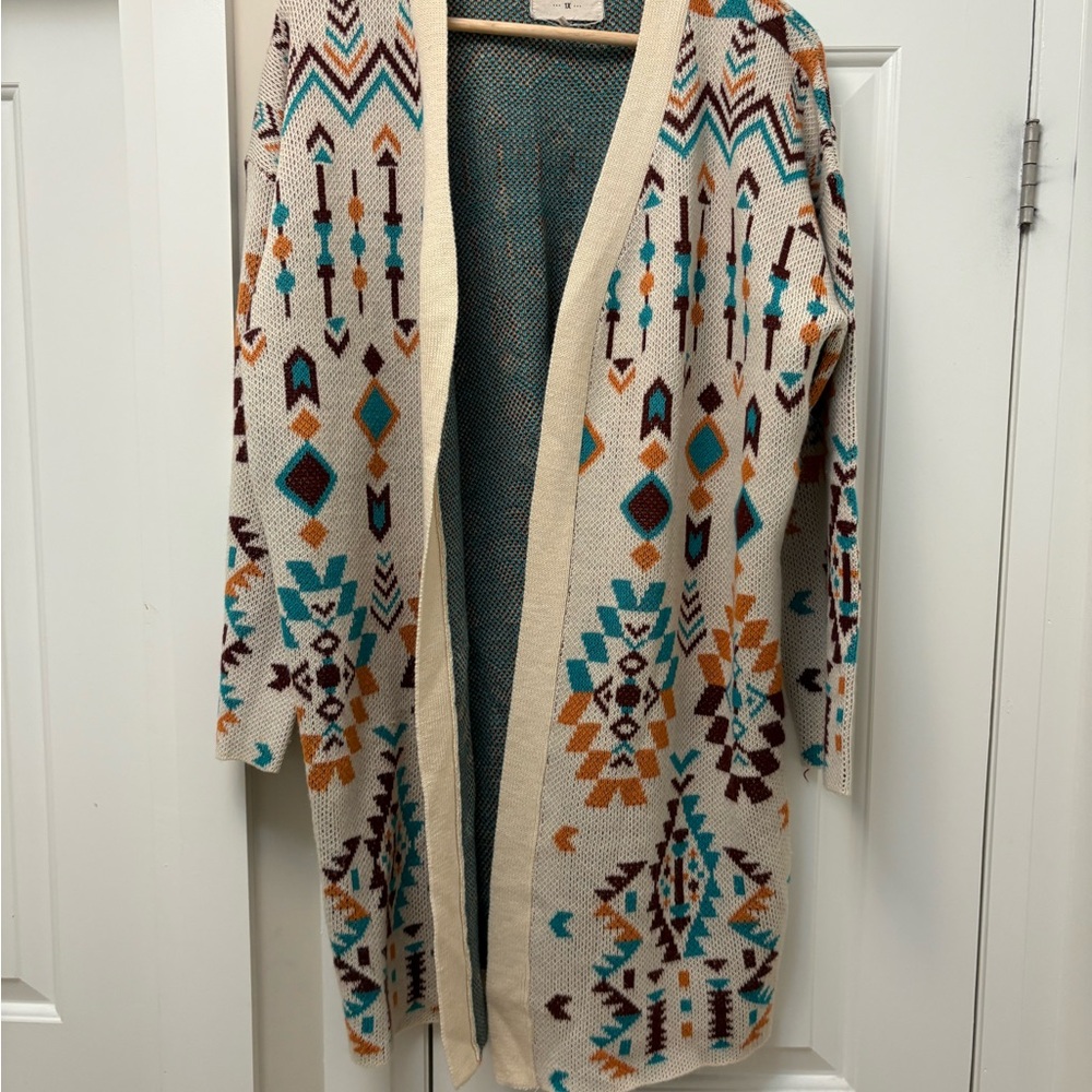 Savanna Jane Cream and Brown Geometric Cardigan Sweater